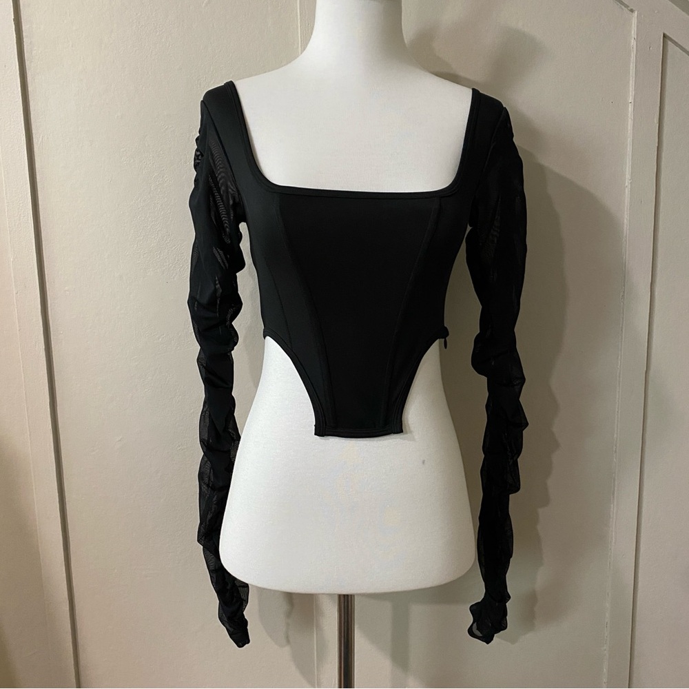 NWOT Dolls Kill Poster Grl Black Corset Top with Mesh Ruched Sleeves, Size XS